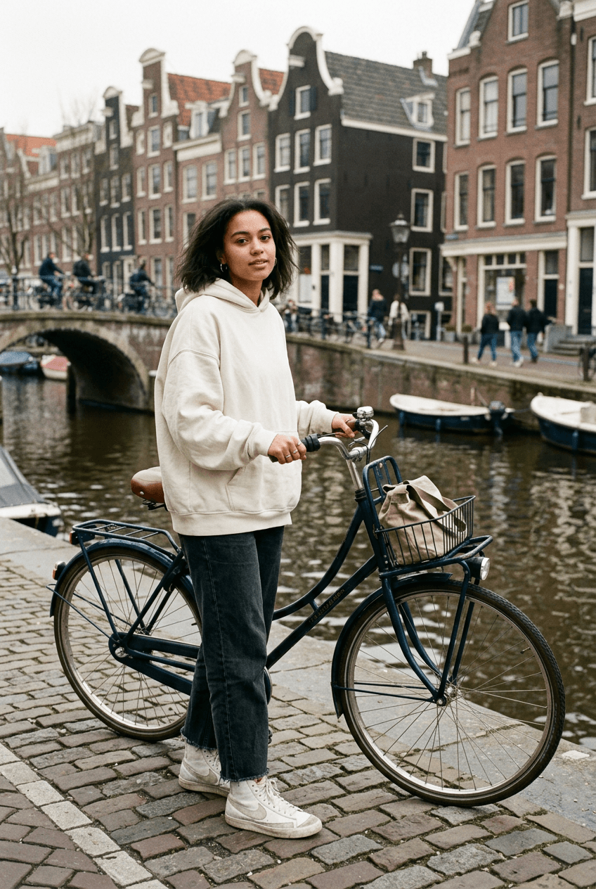 Elev i en råhvid hoodie med en cykel ved en kanal i Amsterdam