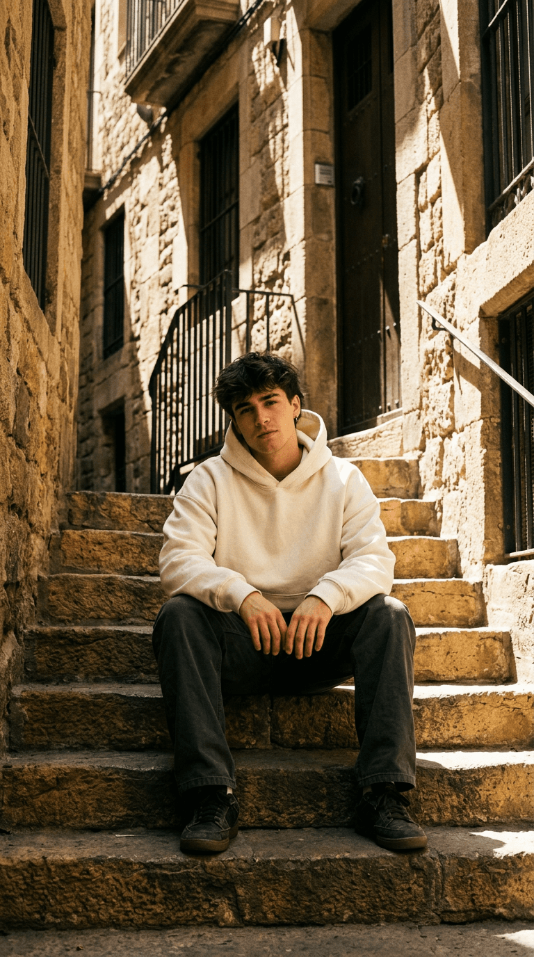 Elev i en råhvid hoodie, der sidder på sandstenstrapper i Barcelona