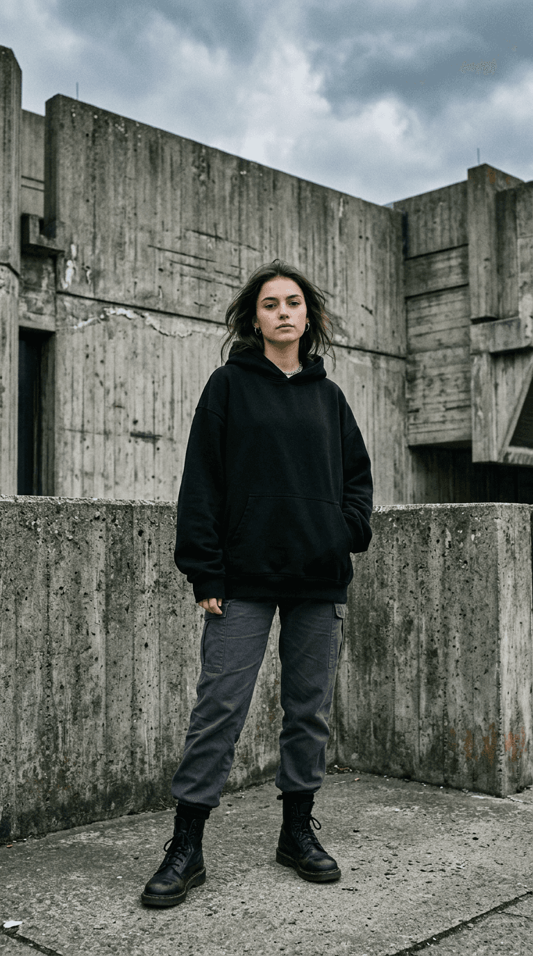 Elev i en sort hoodie foran en betonmur i Berlin