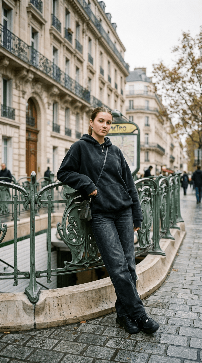 Elev i en oversized sort hoodie, der læner sig op ad et métro-gelænder i Paris