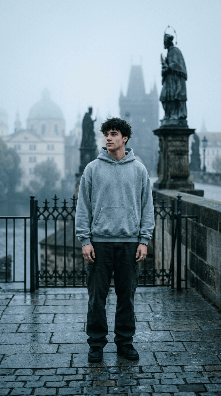 Elev i en grå hoodie på en tåget bro i Prag