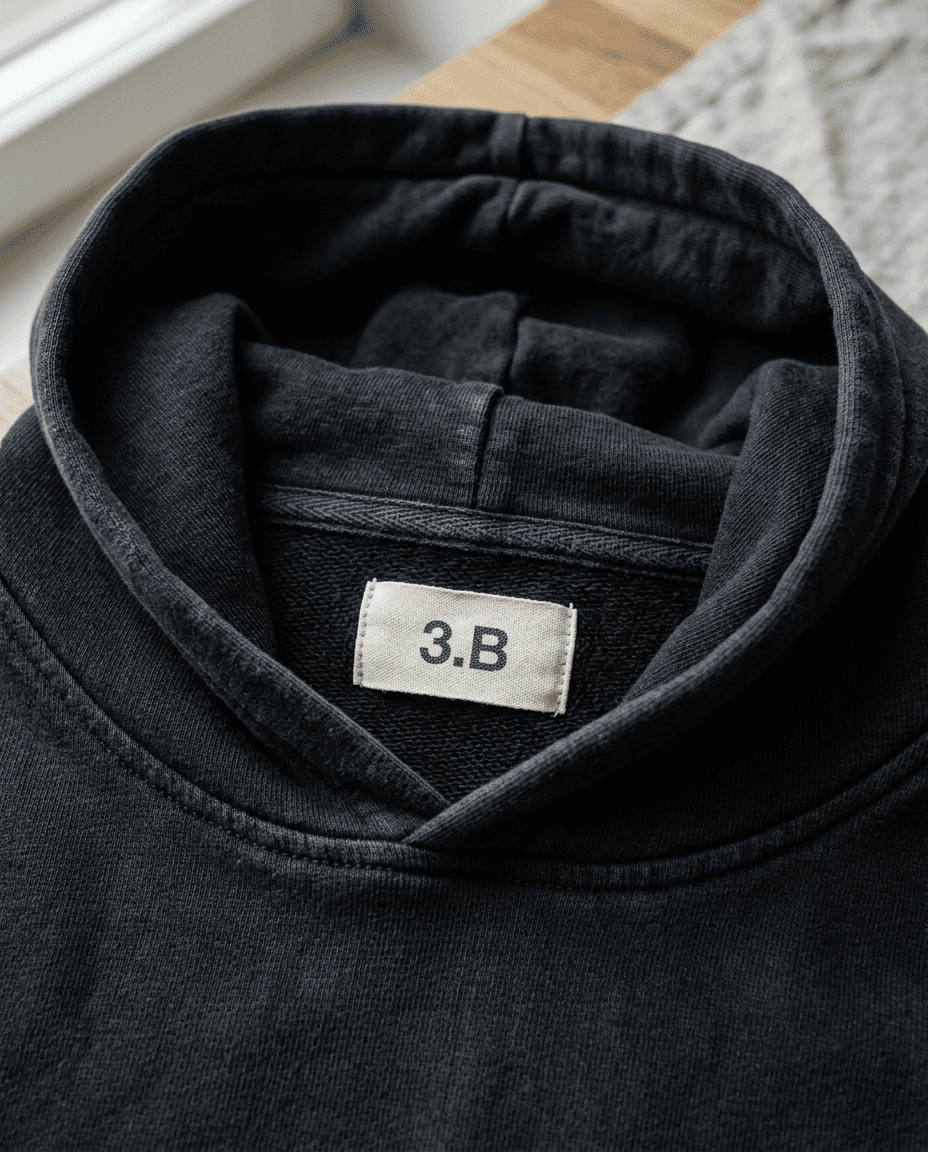 Nærbillede af nakken på en hoodie med en lille vævet label: 3.B