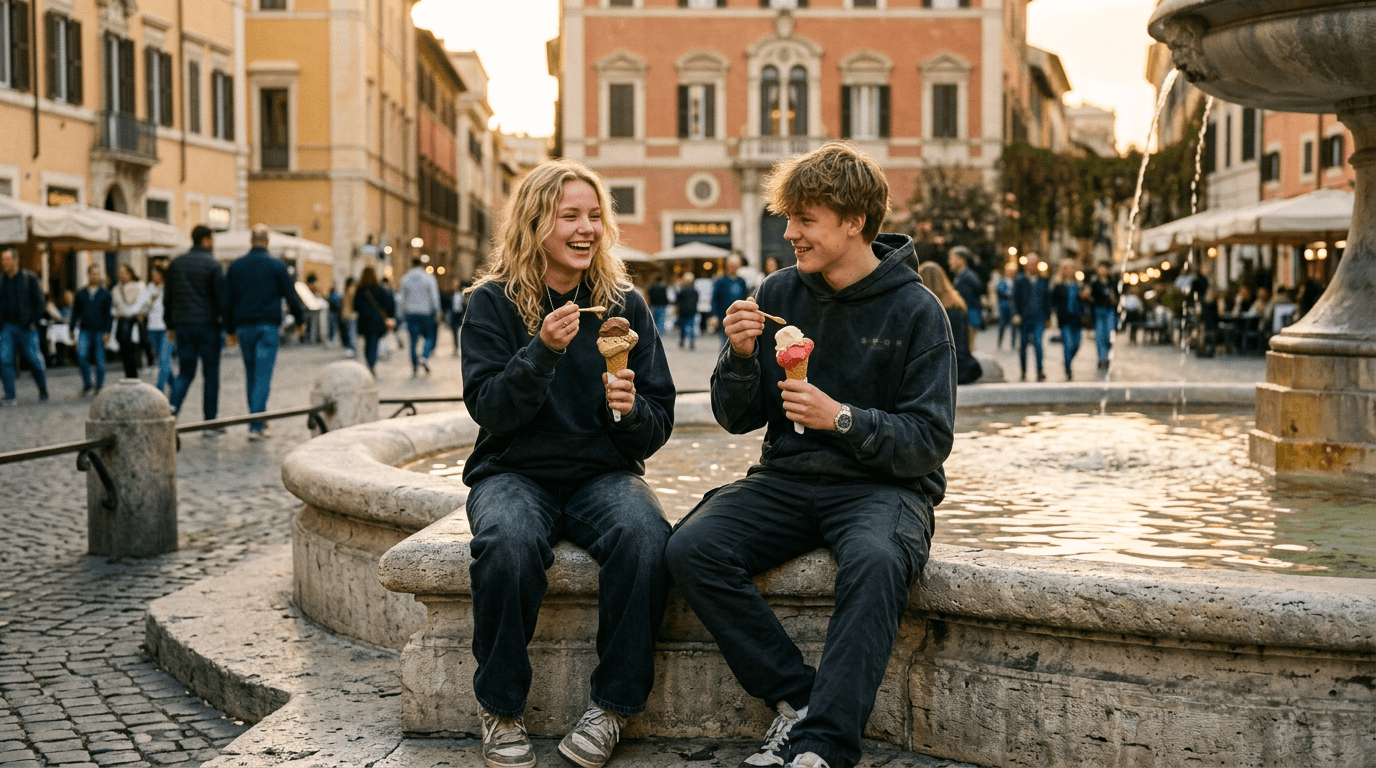 To personer i sorte hoodies spiser is ved et springvand; den ene har et lille SPQR-brystmærke