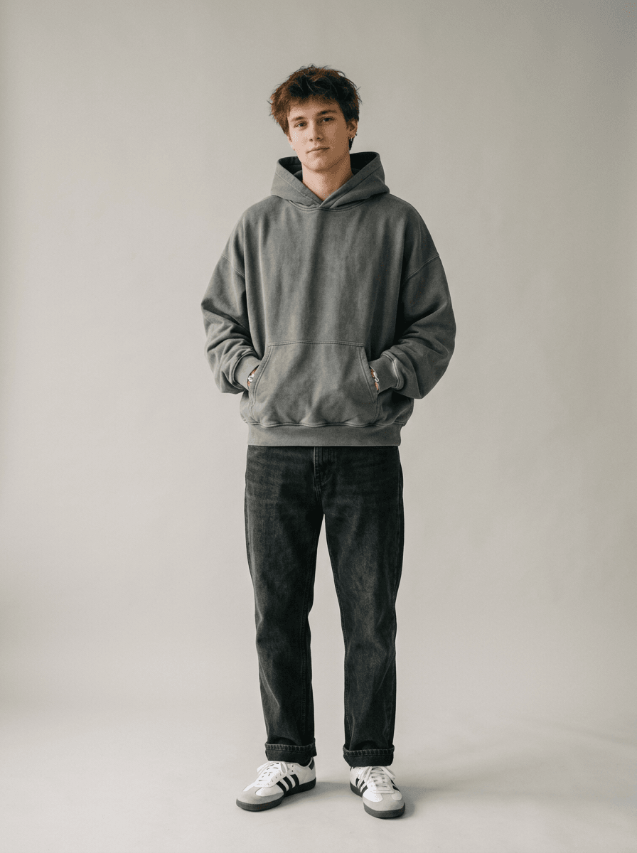 Model i en oversized grå hoodie med lave skuldre